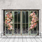 Aperturee - Pastoral Green Wooden Window Pink Flowers Backdrop